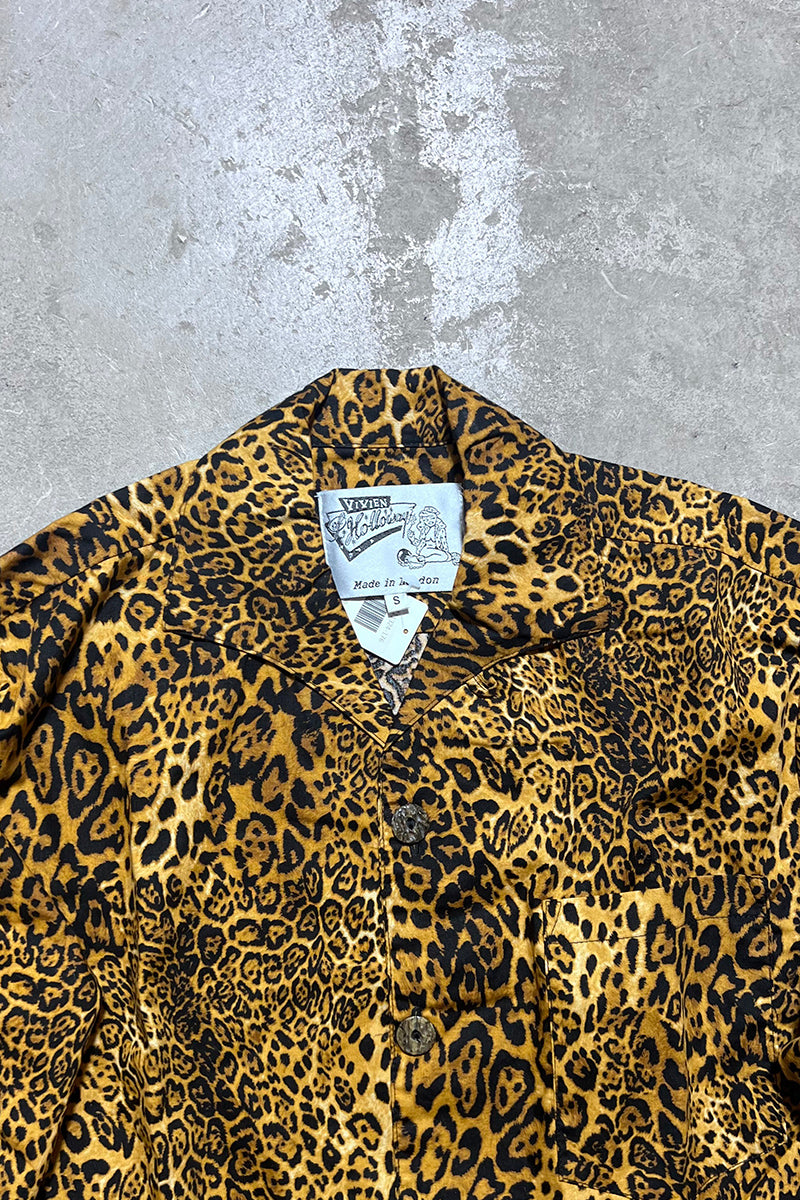 MADE IN LONDON 90'S S/S LEOPARD PATTERN OPEN COLLAR SHIRT / YELLOW[SIZE: S USED]