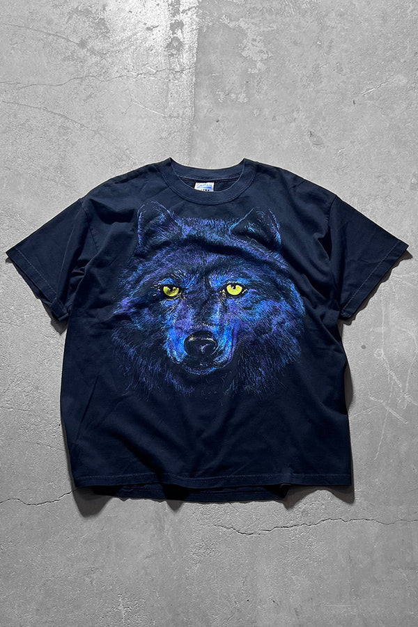 90s-00s WOLF PRINT ANIMAL T-SHIRT / BLACK [SIZE: XL USED]