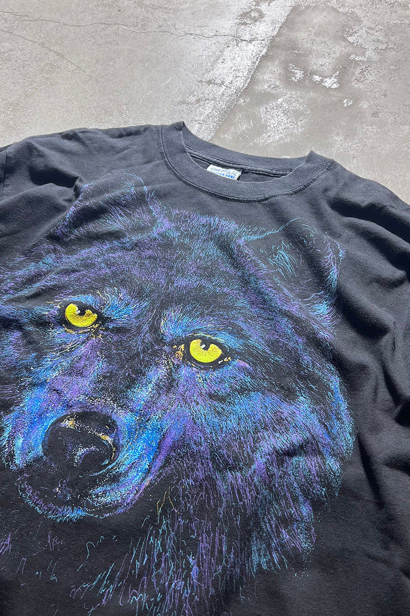 90s-00s WOLF PRINT ANIMAL T-SHIRT / BLACK [SIZE: XL USED]