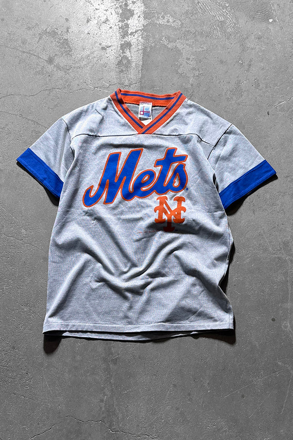 MADE IN USA 88'S NY METS V-NECK T-SHIRT / SILVER [SIZE: L USED]