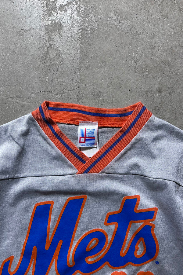 MADE IN USA 88'S NY METS V-NECK T-SHIRT / SILVER [SIZE: L USED]