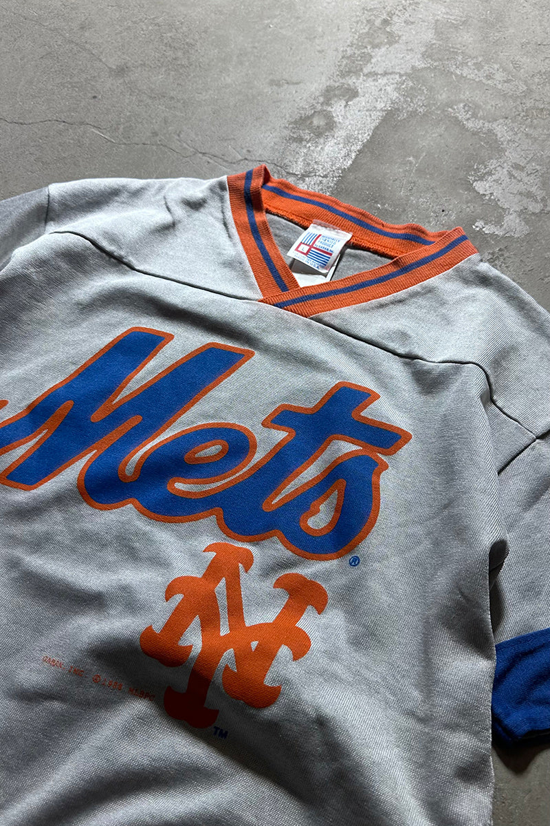 MADE IN USA 88'S NY METS V-NECK T-SHIRT / SILVER [SIZE: L USED]