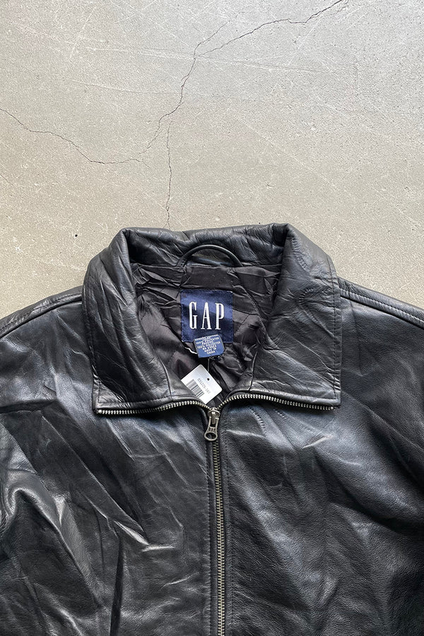90'S STAND COLLAR LEATHER JACKET W/QUILTING LINER / BLACK [SIZE: M USED]