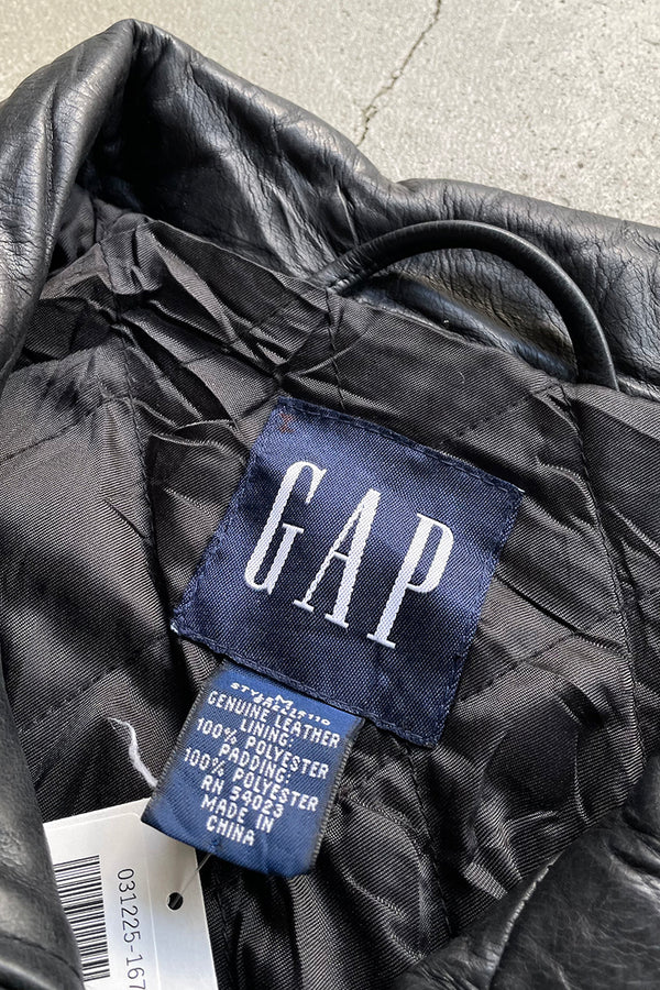 90'S STAND COLLAR LEATHER JACKET W/QUILTING LINER / BLACK [SIZE: M USED]
