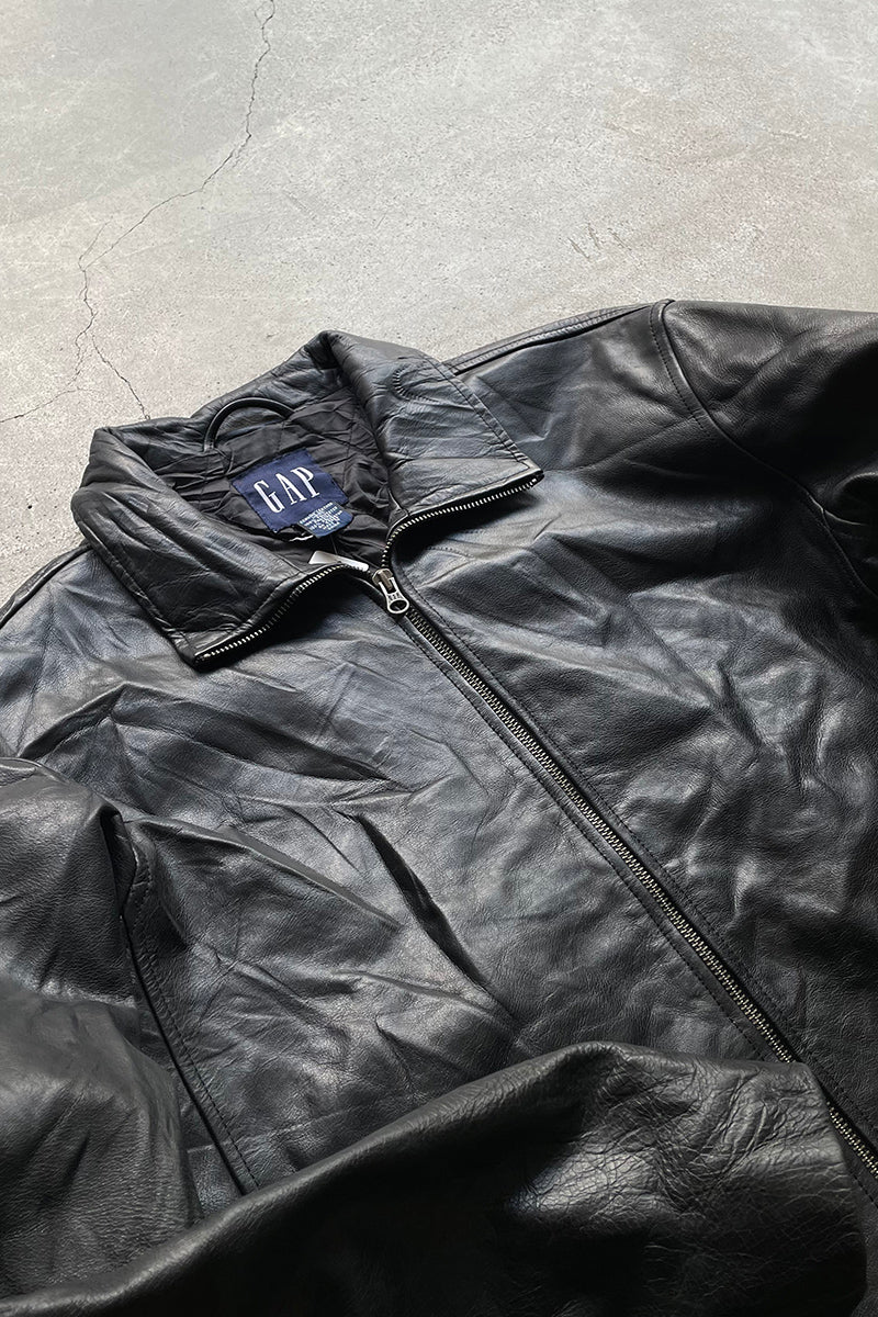 90'S STAND COLLAR LEATHER JACKET WITH QUILTED LINER / BLACK [SIZE: M USED]