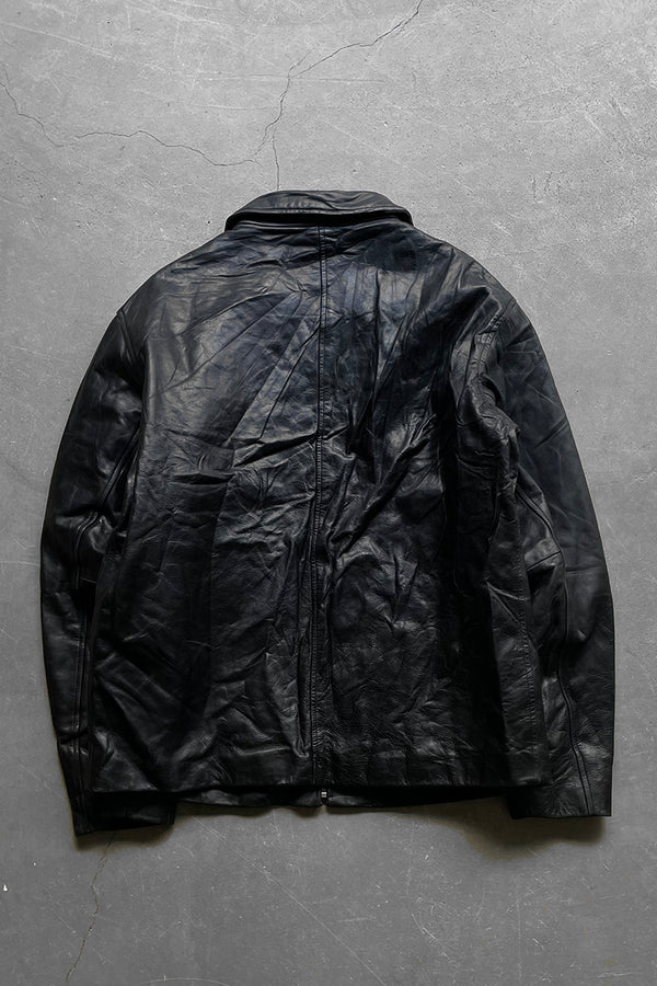 90'S STAND COLLAR LEATHER JACKET W/QUILTING LINER / BLACK [SIZE: M USED]