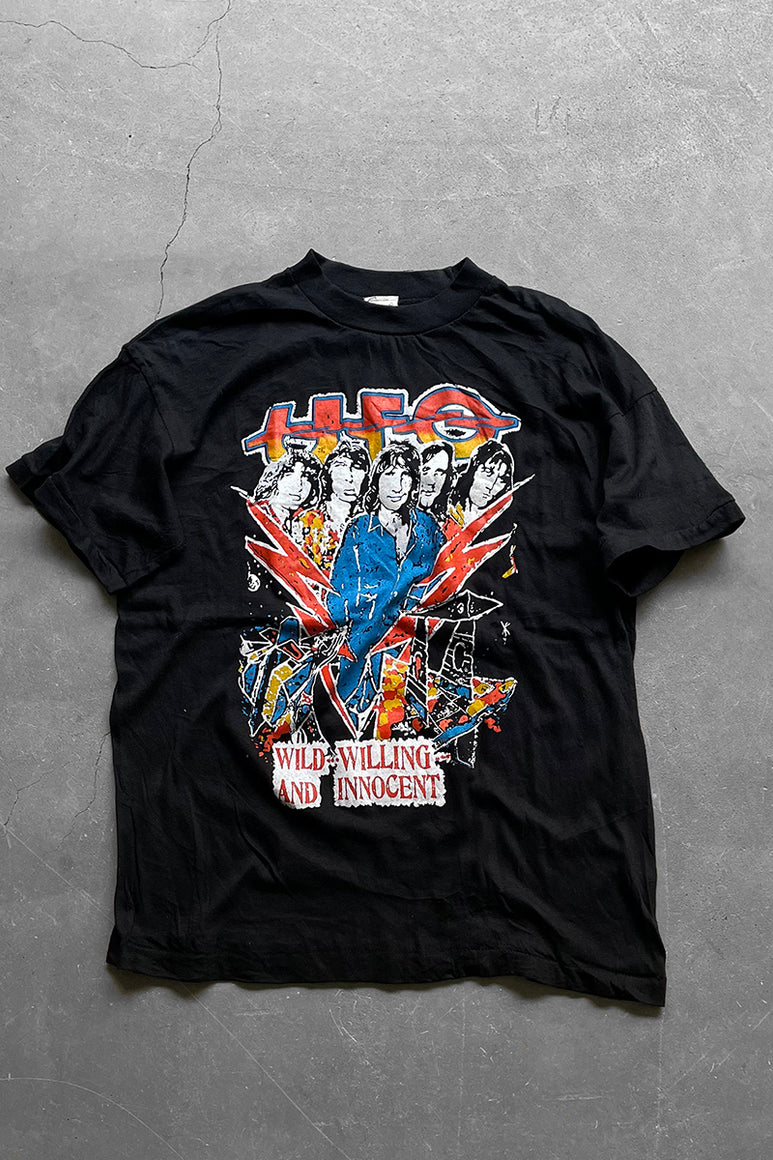 80'S UFO WILD WILLING AND INNOCENT PAKISTAN COTTON BAND T-SHIRT / BLACK [SIZE: M USED]