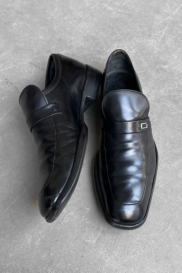 MADE IN ITALY SQUARE TOE LEATHER LOAFERS / BLACK [SIZE: US8.5(26.5cm相当) USED]