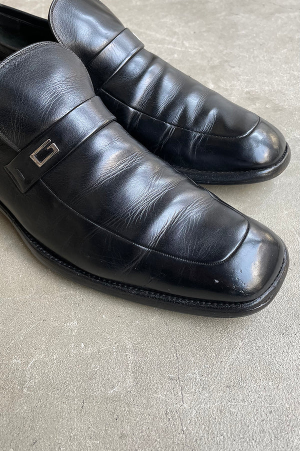MADE IN ITALY SQUARE TOE LEATHER LOAFERS / BLACK [SIZE: US8.5(26.5cm相当) USED]