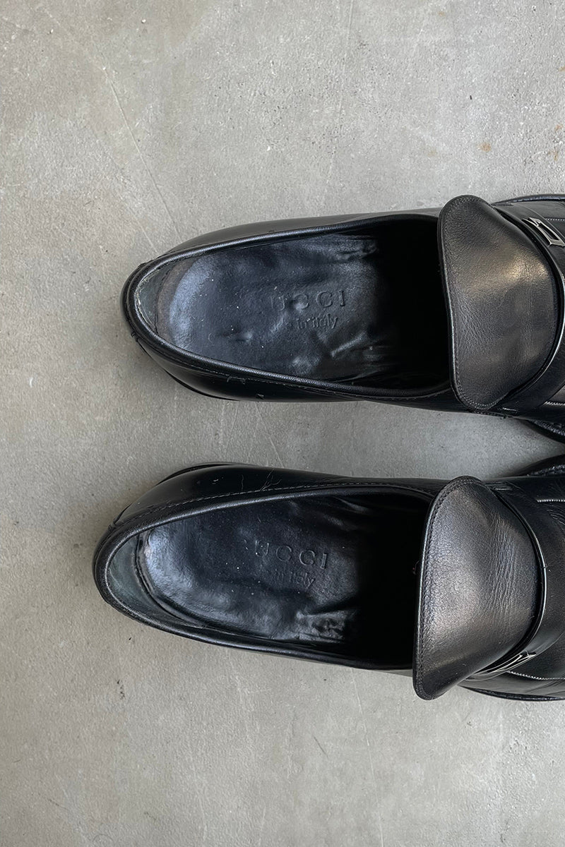 MADE IN ITALY SQUARE TOE LEATHER LOAFERS / BLACK [SIZE: US8.5(26.5cm相当) USED]