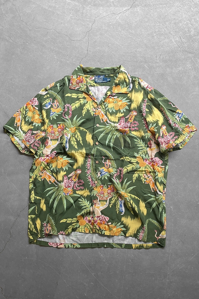 90'S OPEN COLLAR VISCOSE HAWAIIAN SHIRT / PATTERN [SIZE: XL USED]