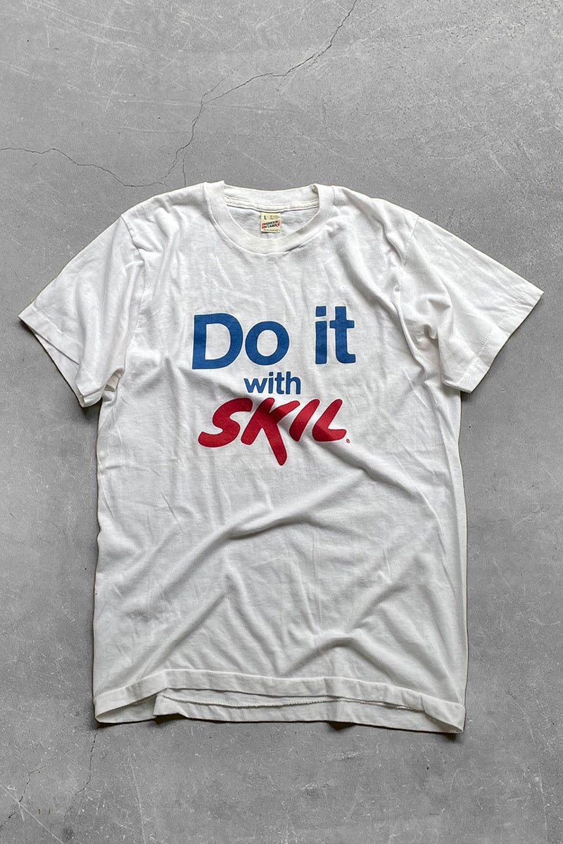 MADE IN USA 80'S DO IT WITH SKIL MESSAGE T-SHIRT / WHITE [SIZE: L USED]