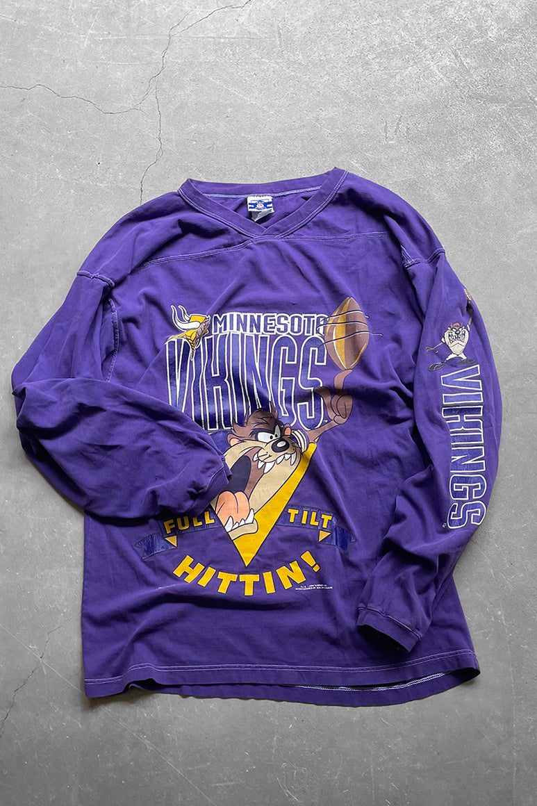 94'S NFL VIKINGS WARNER BROS L/S T-SHIRT / PURPLE [SIZE: XL USED]