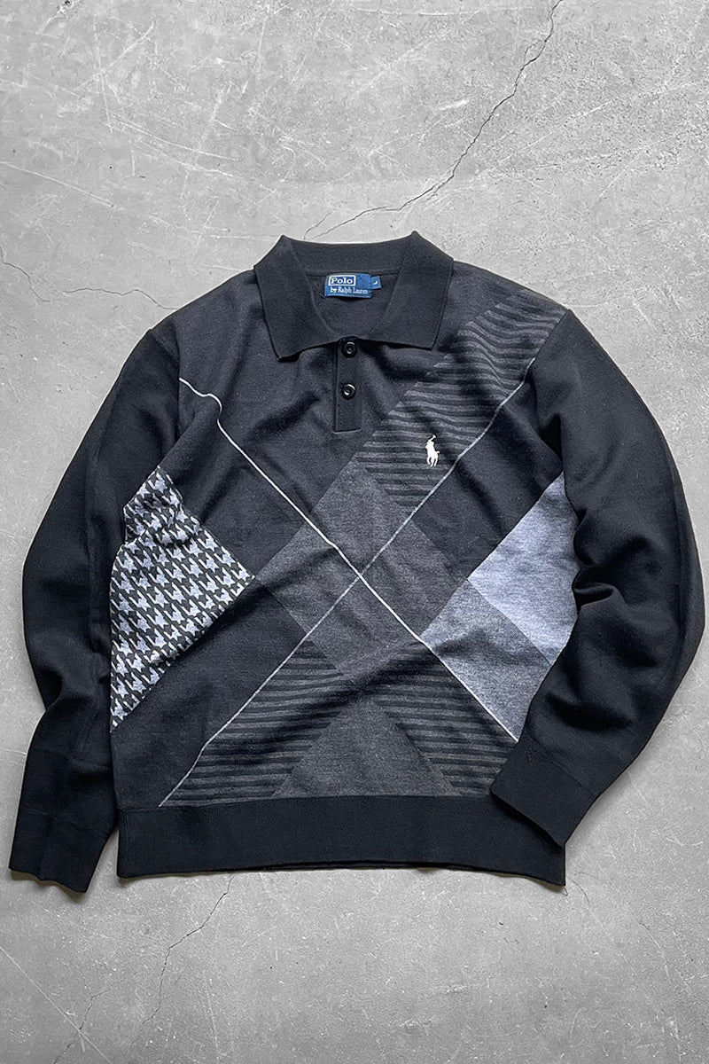 90'S MULTI PATTERN KNIT POLO EXCLUSIVE OF DECORATION  / BLACK [SIZE: L USED]