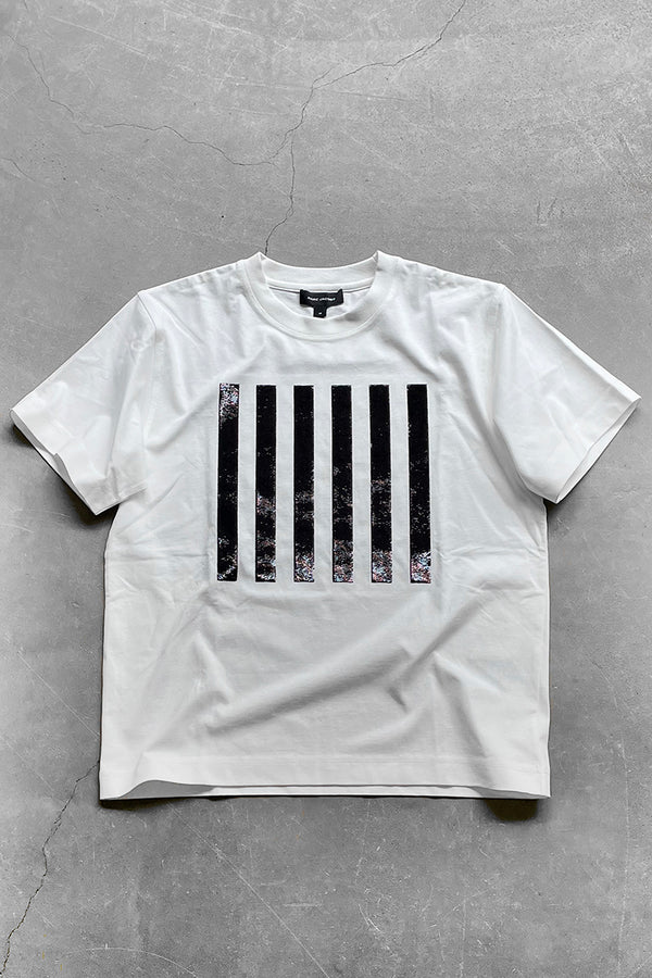 MADE IN PORTUGAL STRIPE SEQUINS BOX T-SHIRT / WHITE [SIZE: M USED]