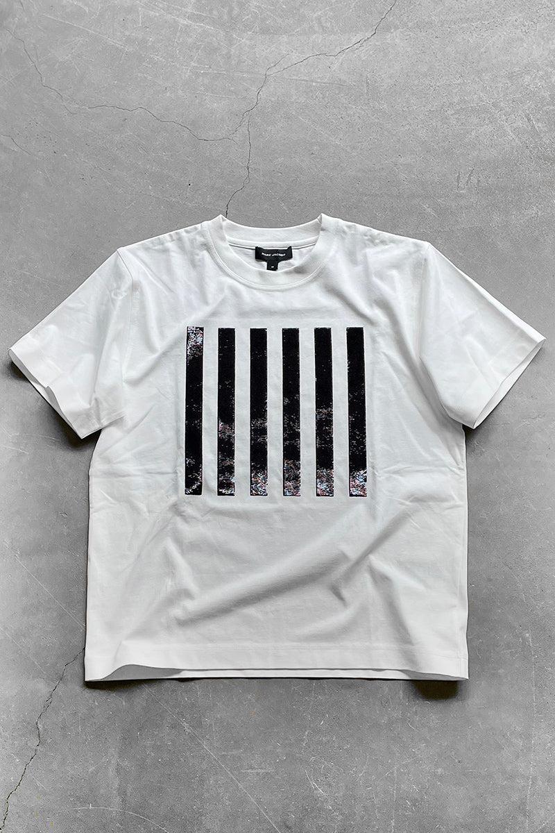 MADE IN PORTUGAL STRIPE SEQUINS BOX T-SHIRT / WHITE [SIZE: M USED]