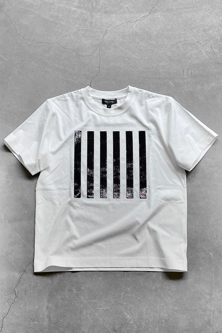 MADE IN PORTUGAL STRIPE SEQUINS BOX T-SHIRT / WHITE [SIZE: M USED]