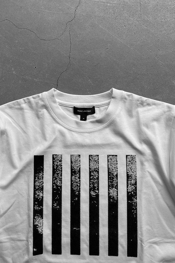 MADE IN PORTUGAL STRIPE SEQUINS BOX T-SHIRT / WHITE [SIZE: M USED]