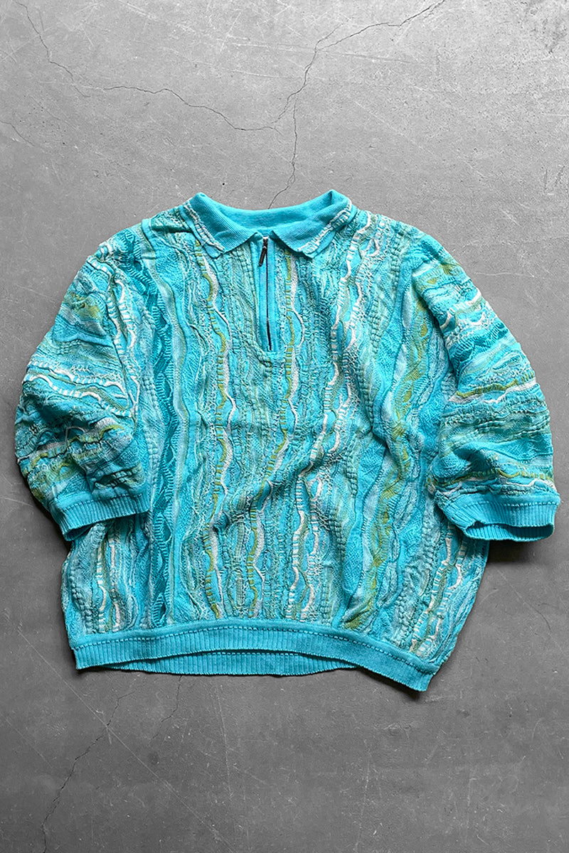 MADE IN AUSTRALIA 90'S S/S 3D KNIT POLO SWEATER / BLUE [SIZE: XL USED]