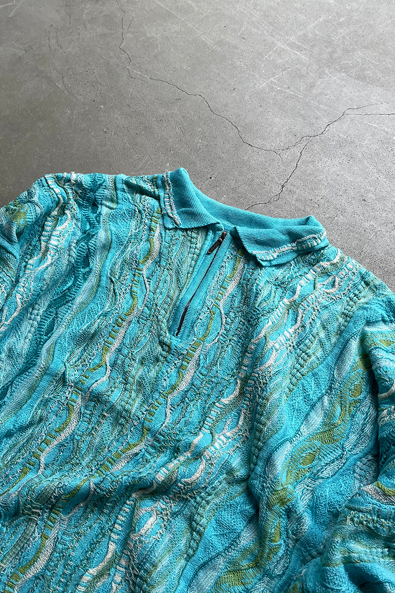 MADE IN AUSTRALIA 90'S S/S 3D KNIT POLO SWEATER / BLUE [SIZE: XL USED]