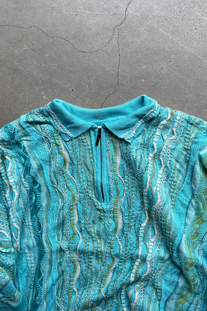 MADE IN AUSTRALIA 90'S S/S 3D KNIT POLO SWEATER / BLUE [SIZE: XL USED]
