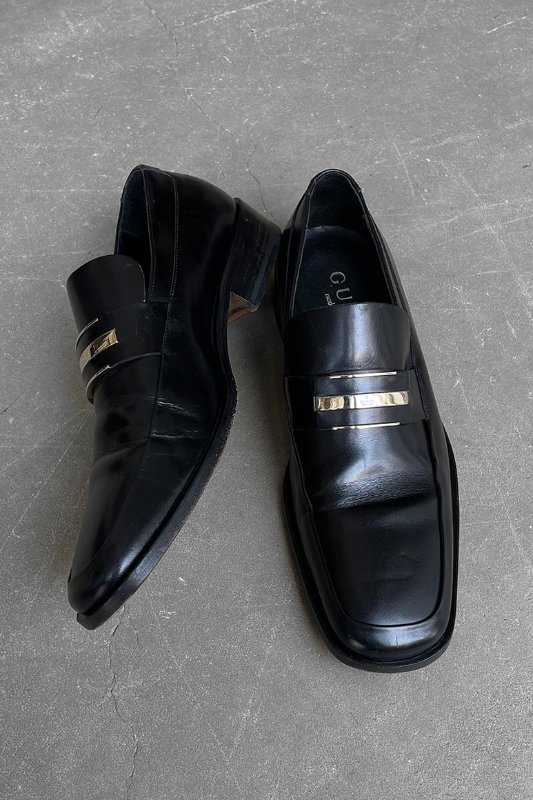MADE IN ITALY SQUARE TOE LEATHER LOAFER W/LOGO PLATE / BLACK [SIZE: US9.0(27.0cm相当) USED]