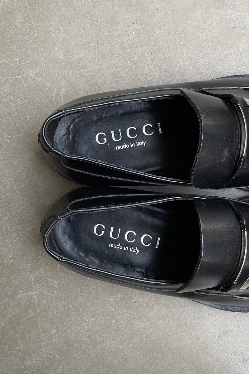 MADE IN ITALY SQUARE TOE LEATHER LOAFER W/LOGO PLATE / BLACK [SIZE: US9.0(27.0cm相当) USED]