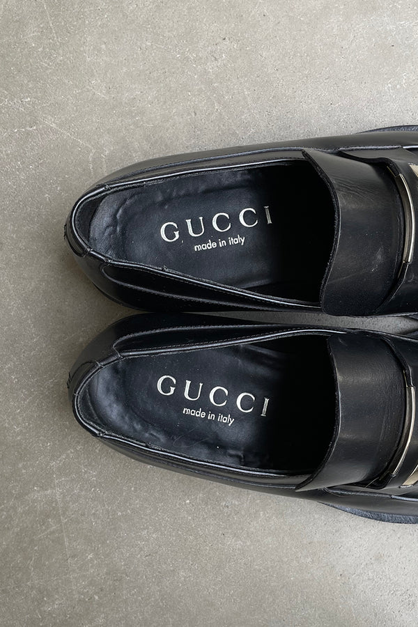 MADE IN ITALY SQUARE TOE LEATHER LOAFER W/LOGO PLATE / BLACK [SIZE: US9.0(27.0cm相当) USED]