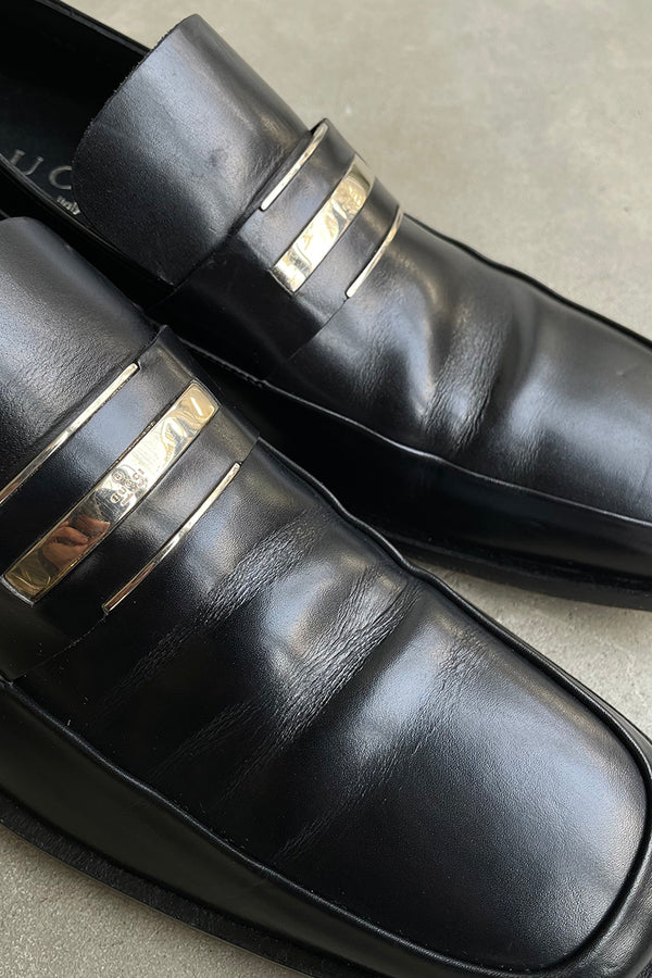 MADE IN ITALY SQUARE TOE LEATHER LOAFER W/LOGO PLATE / BLACK [SIZE: US9.0(27.0cm相当) USED]
