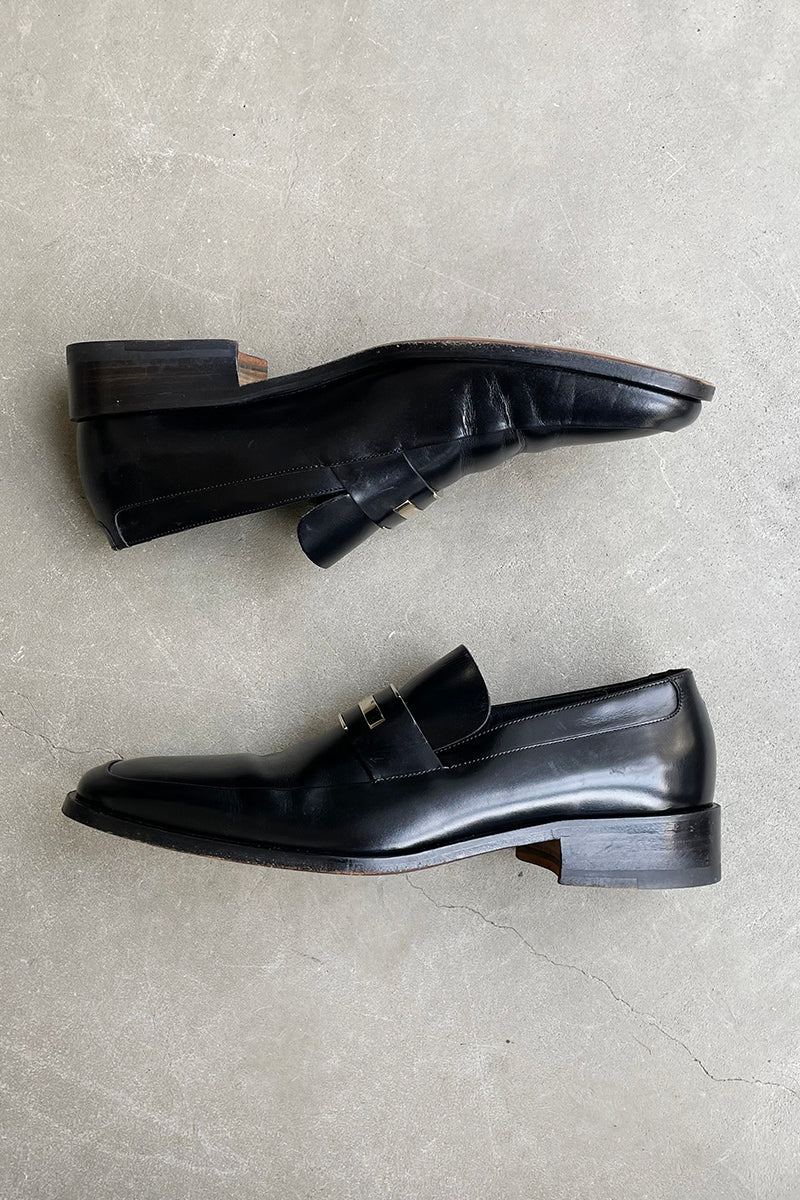 MADE IN ITALY SQUARE TOE LEATHER LOAFER W/LOGO PLATE / BLACK [SIZE: US9.0(27.0cm相当) USED]