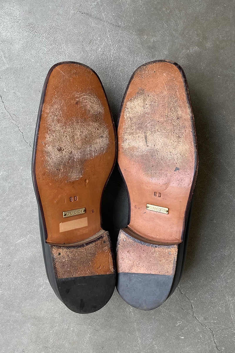 MADE IN ITALY SQUARE TOE LEATHER LOAFER W/LOGO PLATE / BLACK [SIZE: US9.0(27.0cm相当) USED]