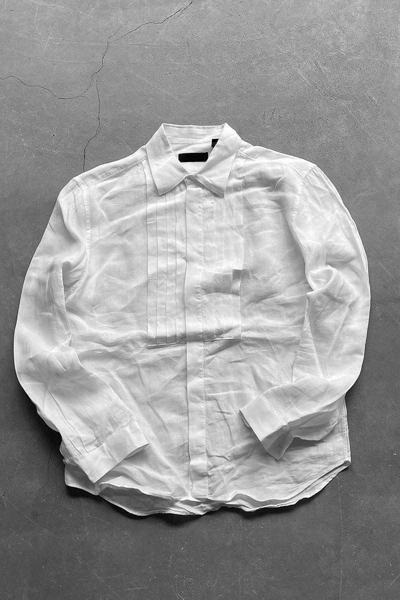 MADE IN ITALY FRONT GATHERED LINEN DRESS SHIRT / WHITE [SIZE: 40 USED]