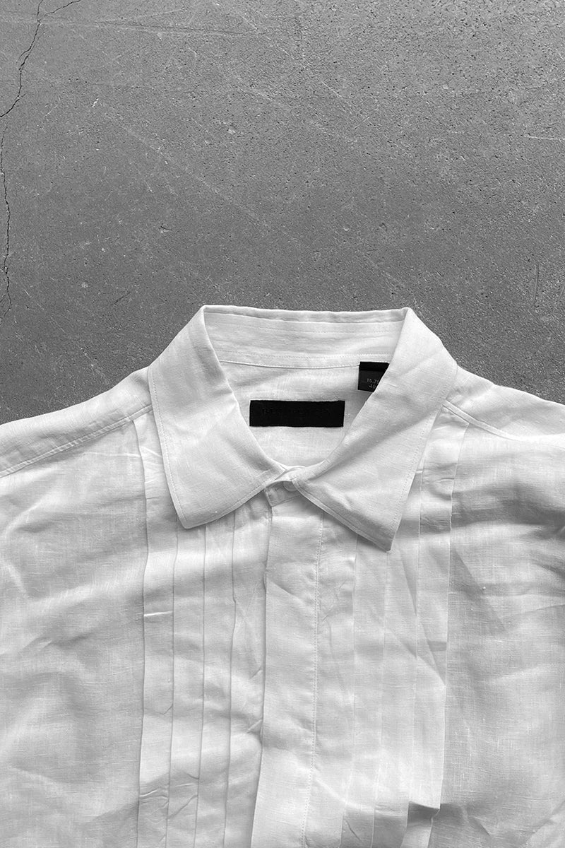 MADE IN ITALY FRONT GATHERED LINEN DRESS SHIRT / WHITE [SIZE: 40 USED]
