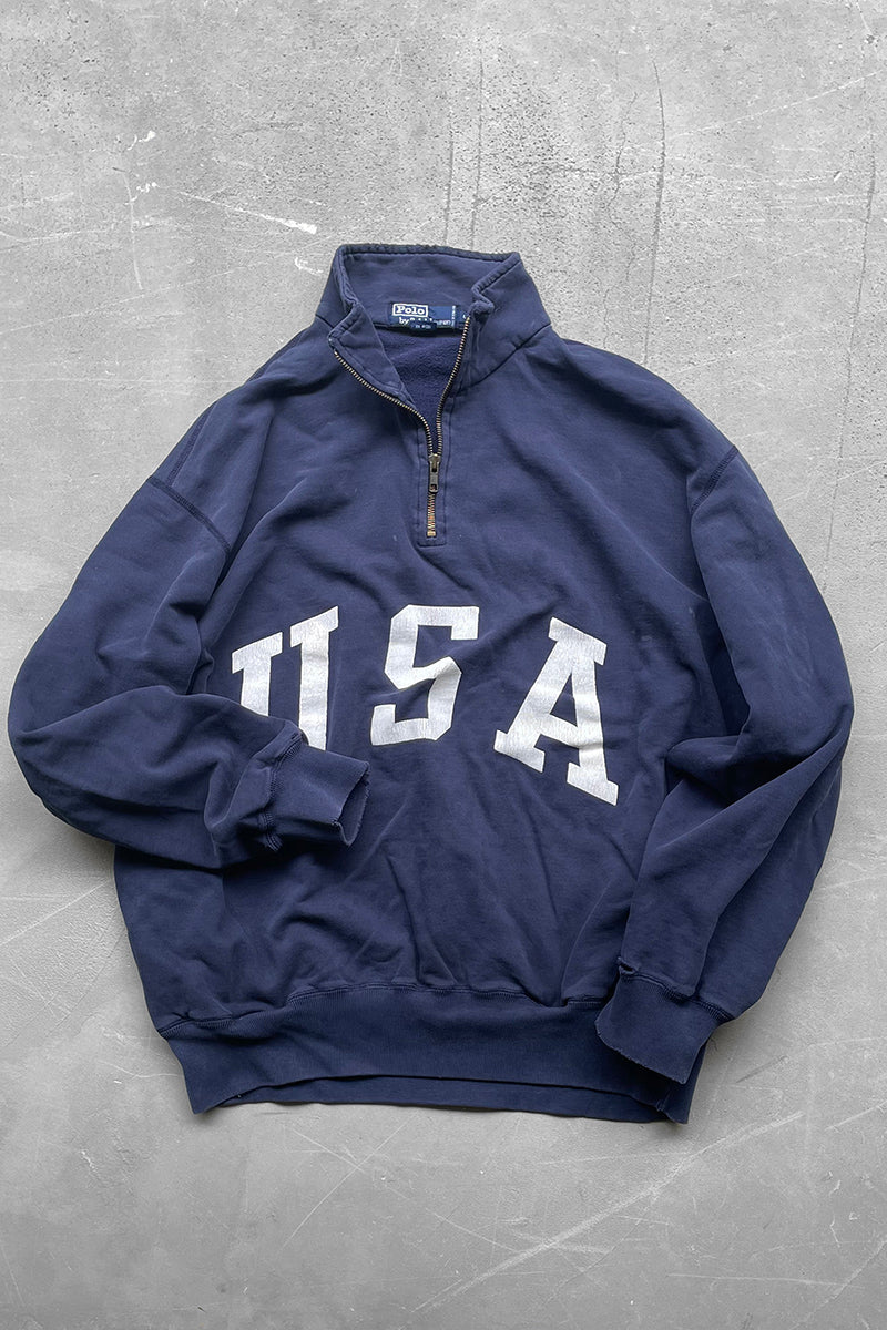 90'S HALF-ZIP SWEATSHIRT USA PRINT / NAVY [SIZE: L USED]