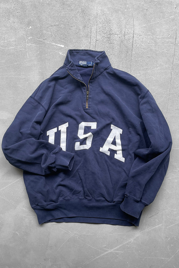 90'S HALF-ZIP SWEATSHIRT USA PRINT / NAVY [SIZE: L USED]