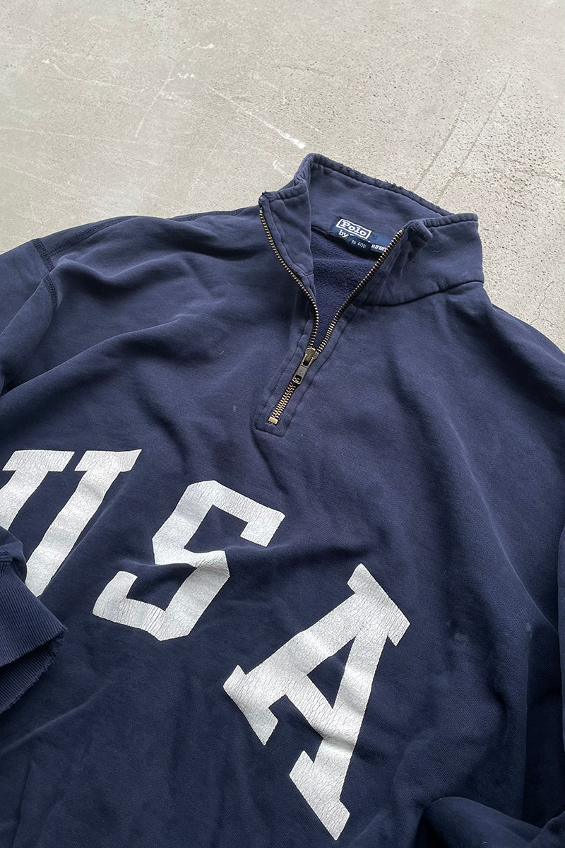 90'S HALF-ZIP SWEATSHIRT USA PRINT / NAVY [SIZE: L USED]