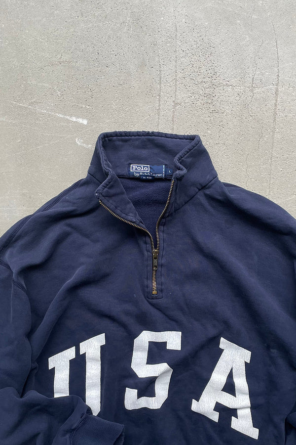 90'S HALF-ZIP SWEATSHIRT USA PRINT / NAVY [SIZE: L USED]