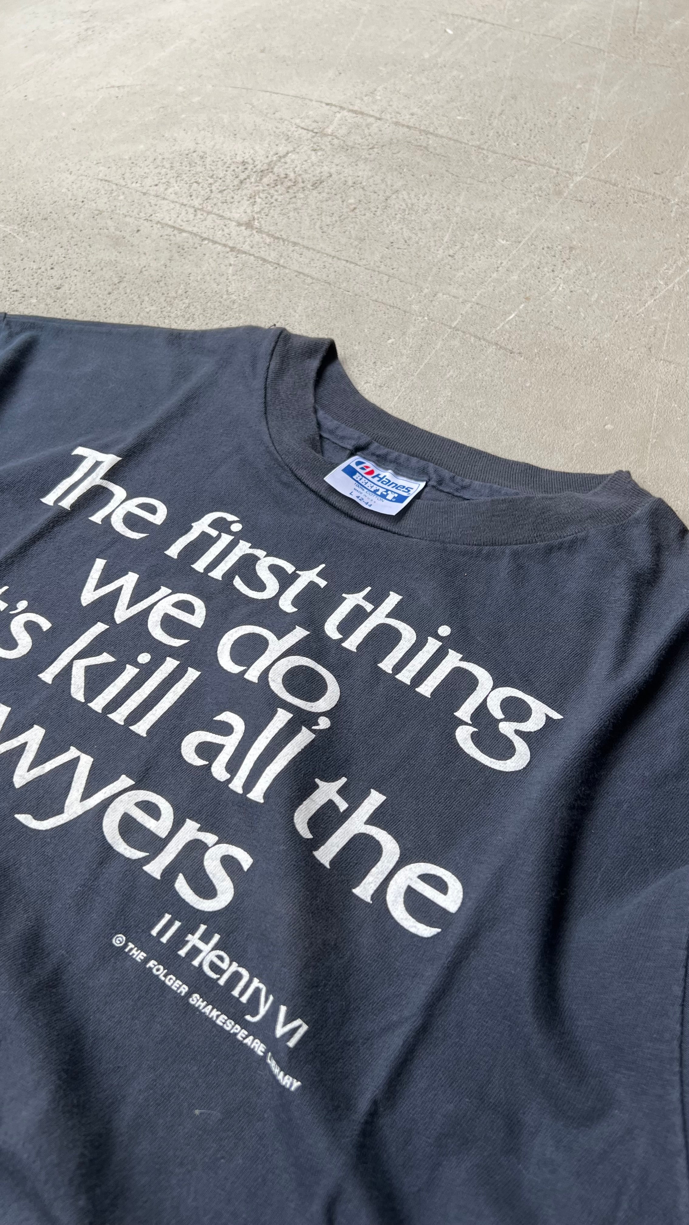 MADE IN USA 80'S SHAKESPEARE MESSAGE T-SHIRT / BLACK [SIZE: L USED]