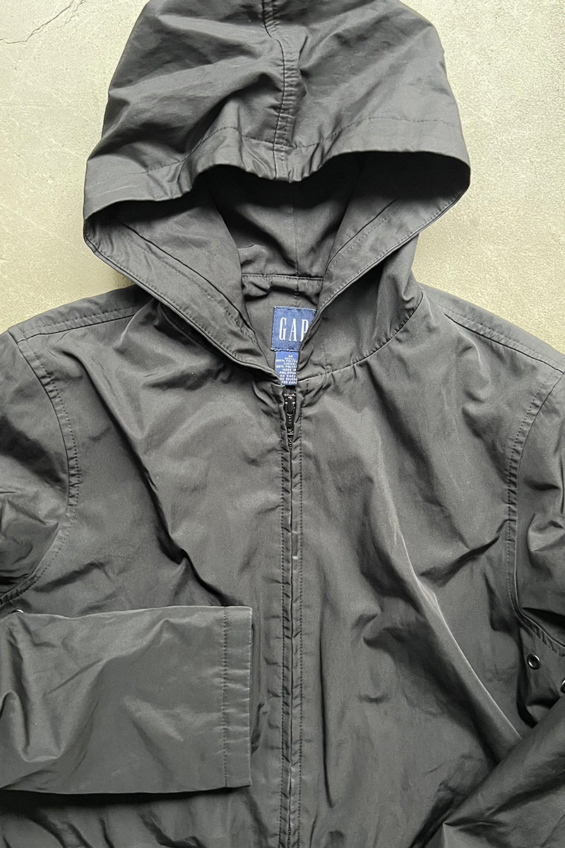Y2K 00'S NYLON ZIP HOODIE JACKET / BLACK [SIZE: M USED]