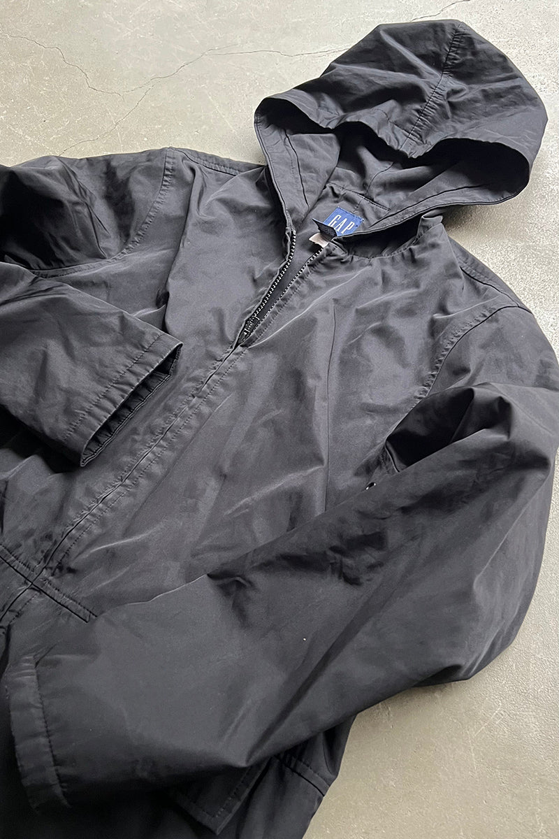 Y2K 00'S NYLON ZIP HOODIE JACKET / BLACK [SIZE: M USED]