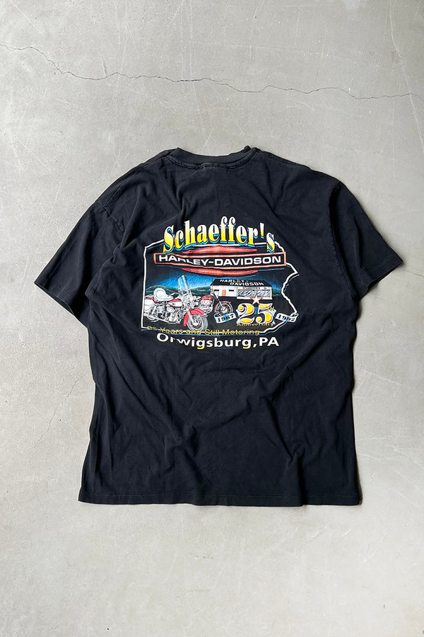 MADE IN USA 92'S SCHAEFFER'S PRINT T-SHIRT / BLACK [SIZE: XL USED]