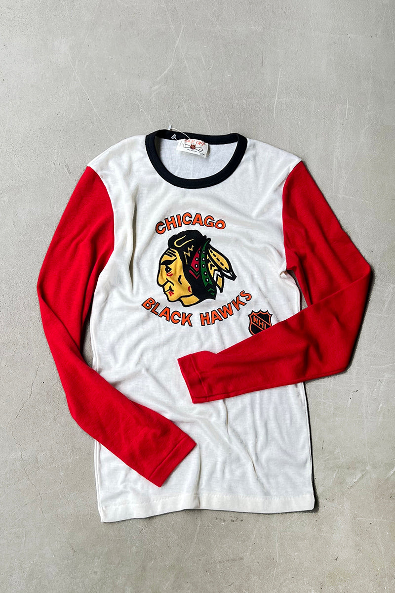MADE IN USA 80'S L/S HOCKEY T-SHIRT / WHITE [SIZE: L DEADSTOCK/NOS]