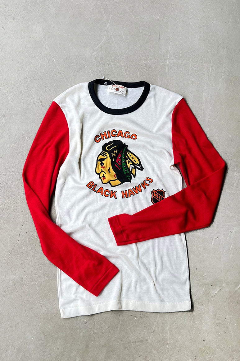 MADE IN USA 80'S L/S HOCKEY T-SHIRT / WHITE [SIZE: L DEADSTOCK/NOS]
