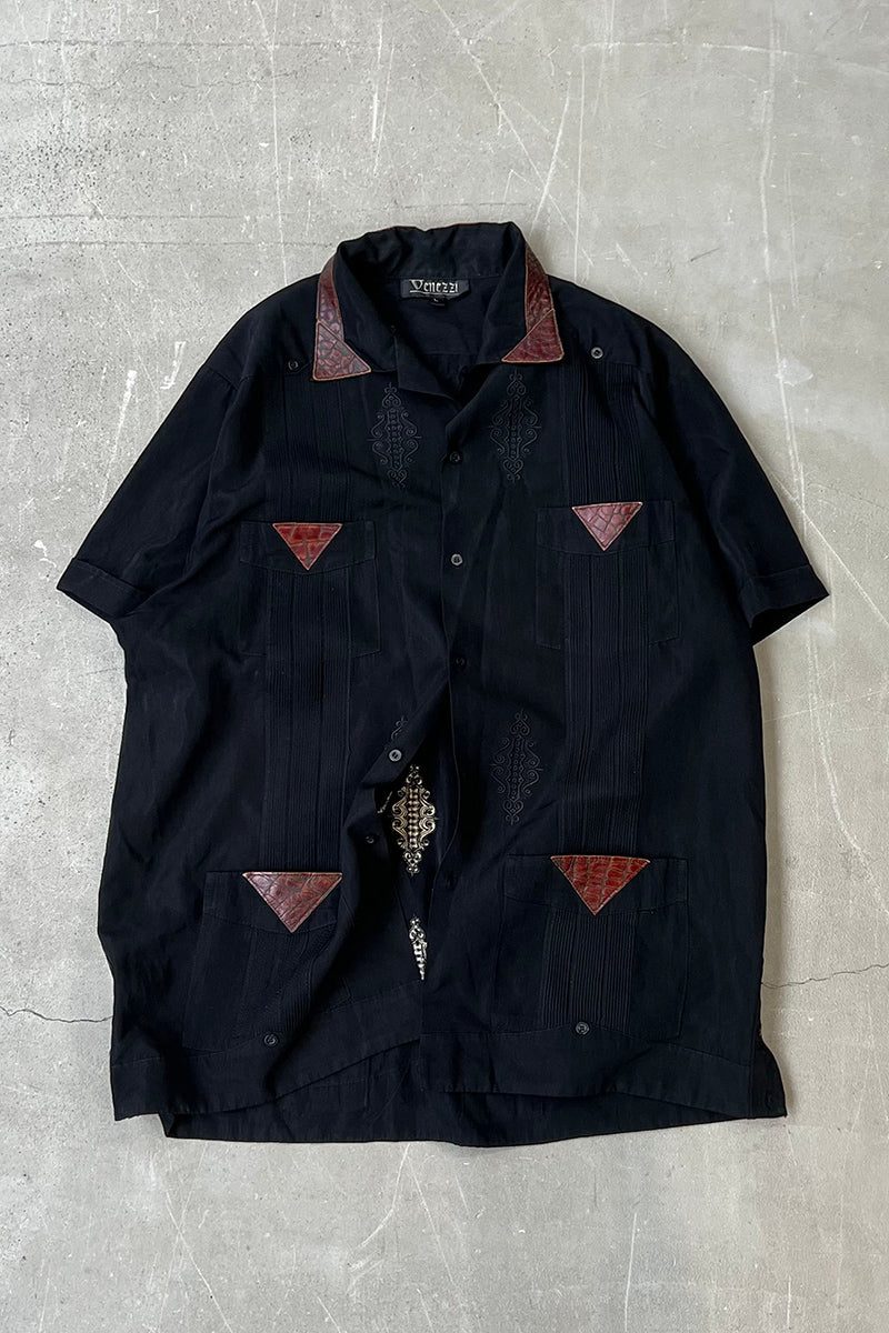 90'S CUBA LEATHER DESIGN S/S SHIRT / BLACK [SIZE: L USED]