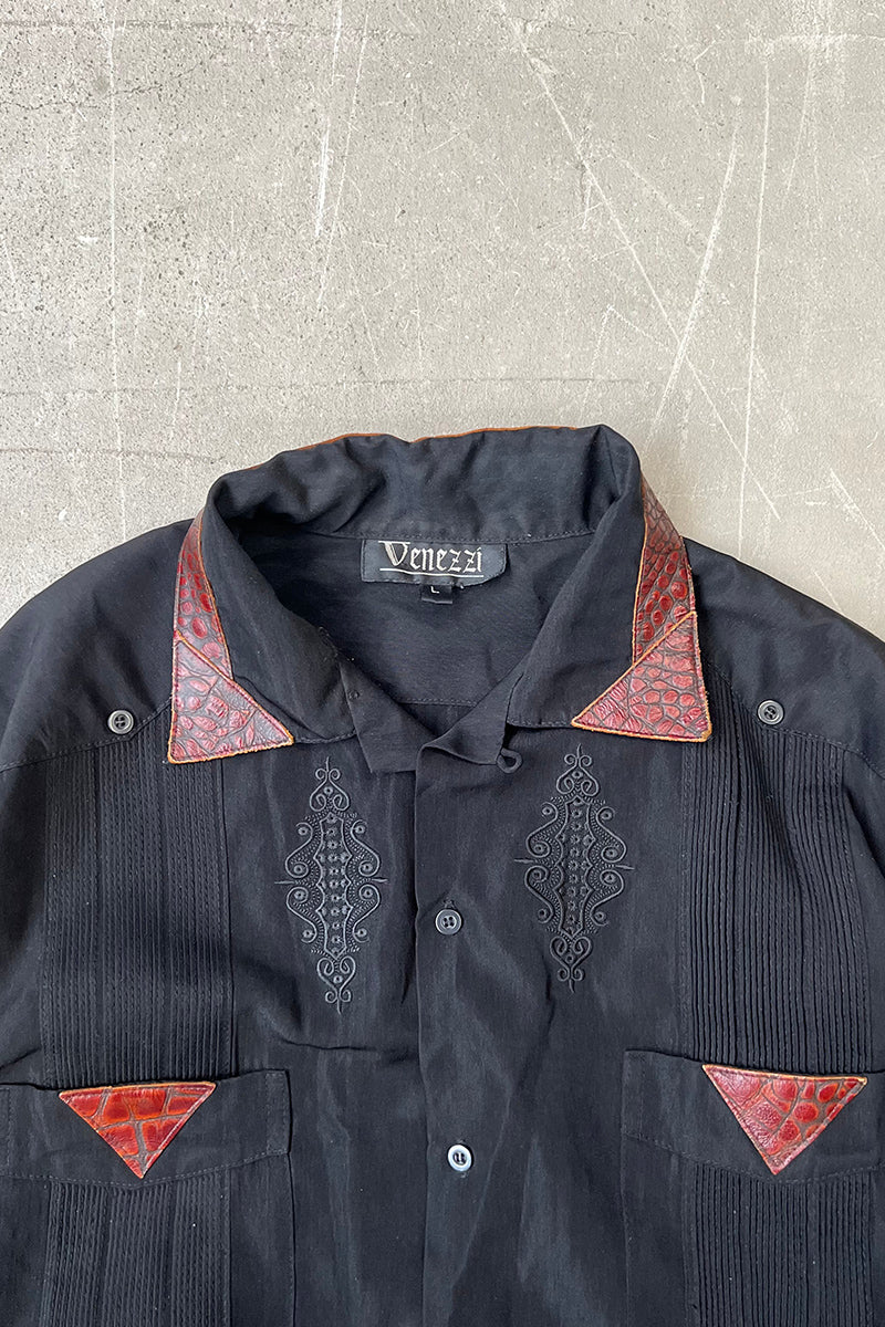 90'S CUBA LEATHER DESIGN S/S SHIRT / BLACK [SIZE: L USED]