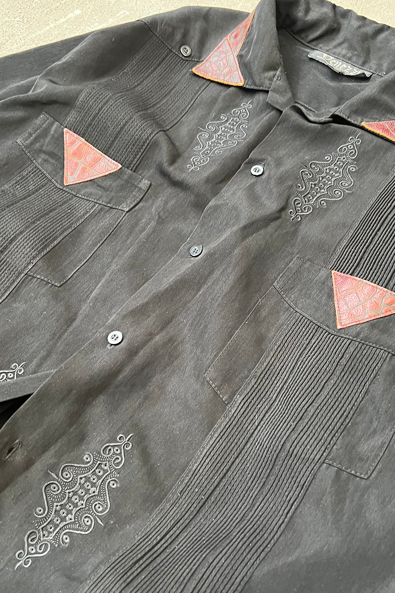 90'S CUBA LEATHER DESIGN S/S SHIRT / BLACK [SIZE: L USED]