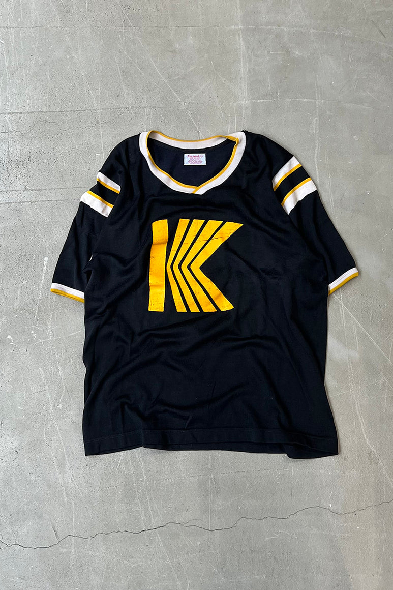 MADE IN USA 70-80'S V-NECK RUGBY GAME T-SHIRT / BLACK [SIZE: L USED]