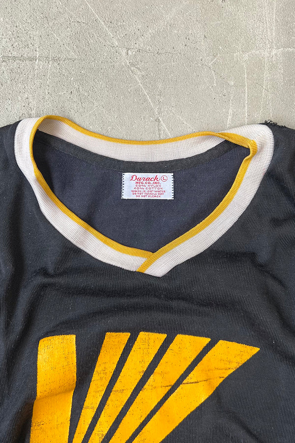 MADE IN USA 70-80'S V-NECK RUGBY GAME T-SHIRT / BLACK [SIZE: L USED]