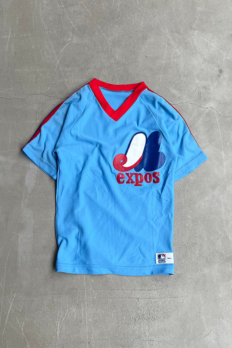 MADE IN USA 80'S V-NECK EXPOS BASEBALL GAME SHIRT / LIGHT BLUE [SIZE: S USED]