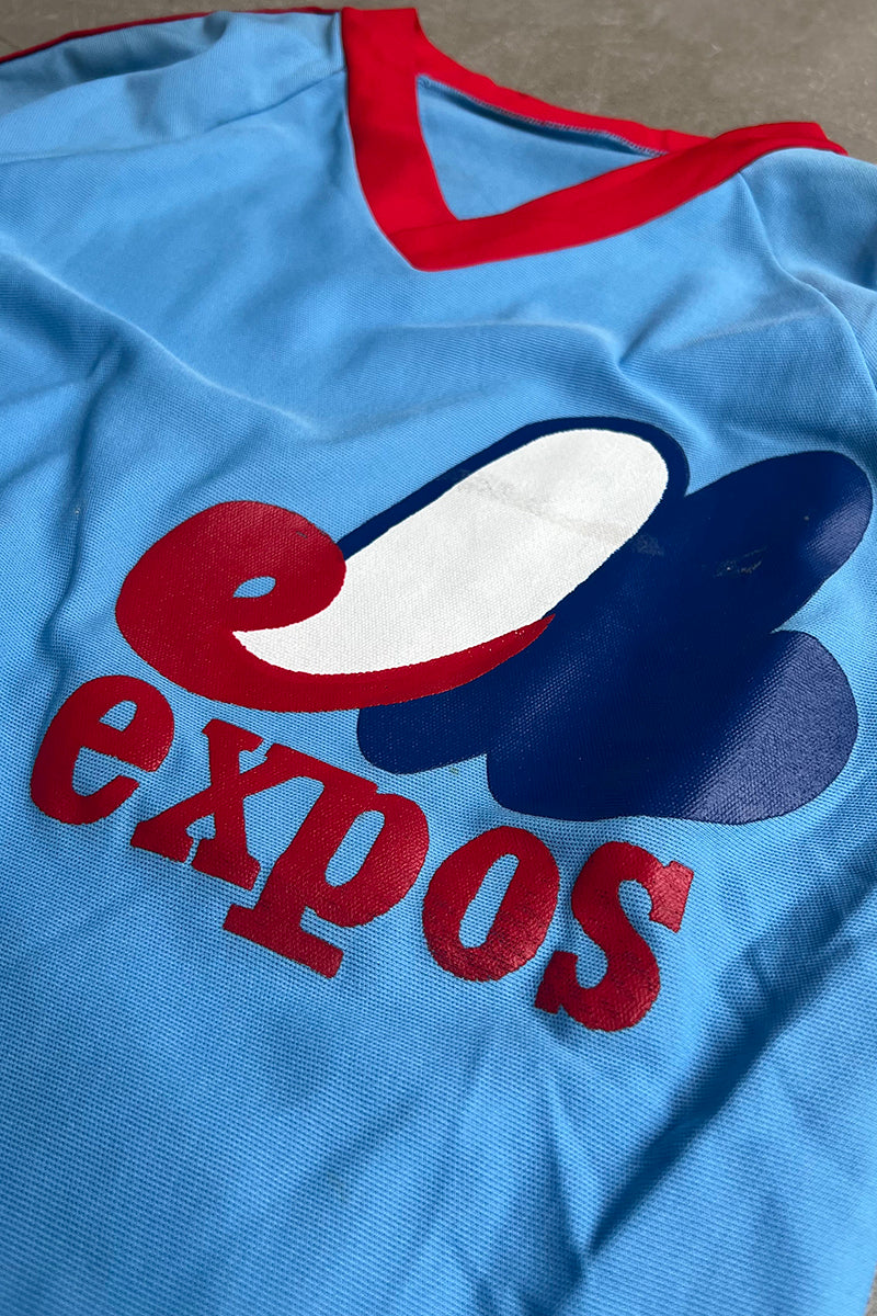 MADE IN USA 80'S V-NECK EXPOS BASEBALL GAME SHIRT / LIGHT BLUE [SIZE: S USED]